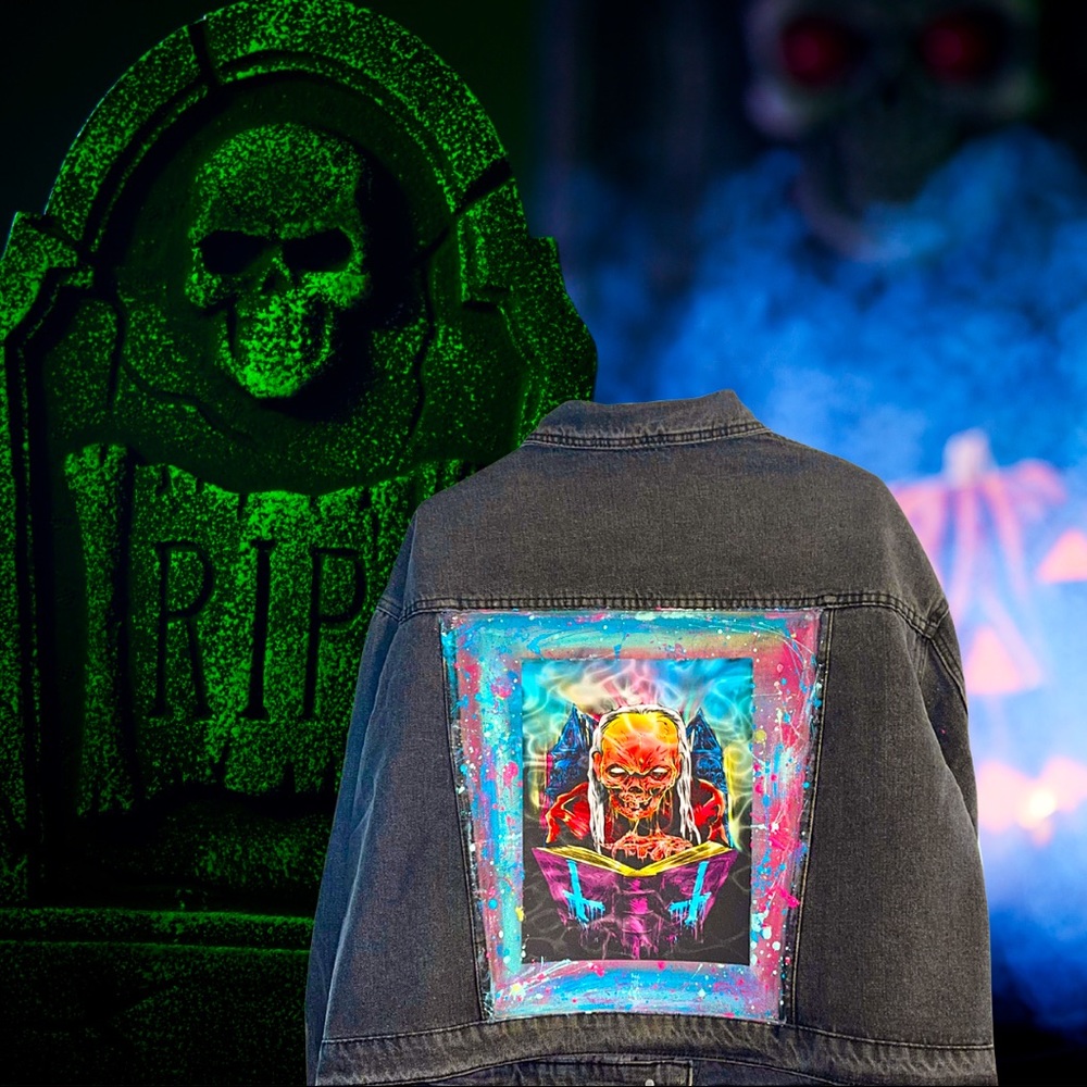 Tales of The Crypt Jean Jacket Halloween Creepy Cryptkeeper Skeleton